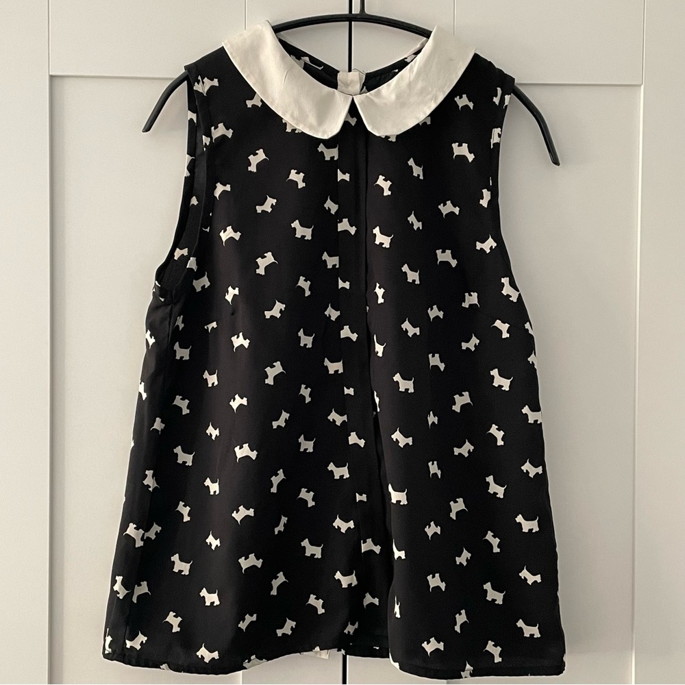 Women Sleeveless Top Dog Print Black / Cream Back Button